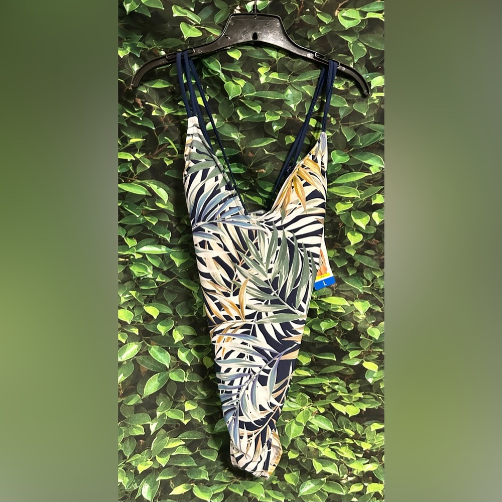 Hurley Palm Tree One Piece Swimsuit White Navy Blue Green Women’s Large New